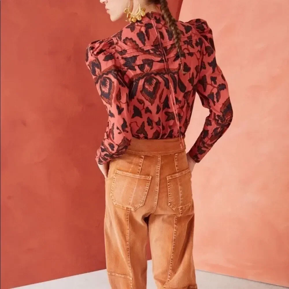 Ulla Johnson Coral Pink Floral Puff-Sleeve Blouse